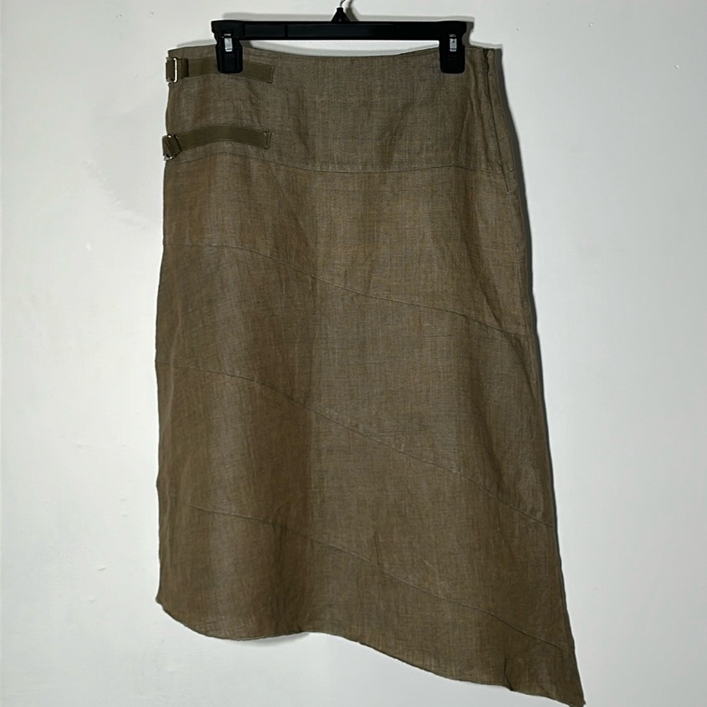Sandro Asymmetrical Linen Blend Skirt in Olive-Tan